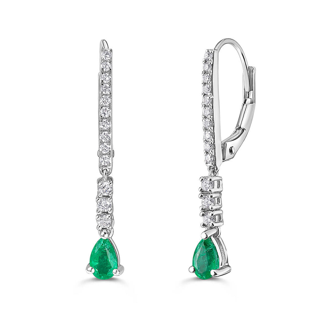 pear shape emerald mini dangling earrings round diamonds in 14k white gold