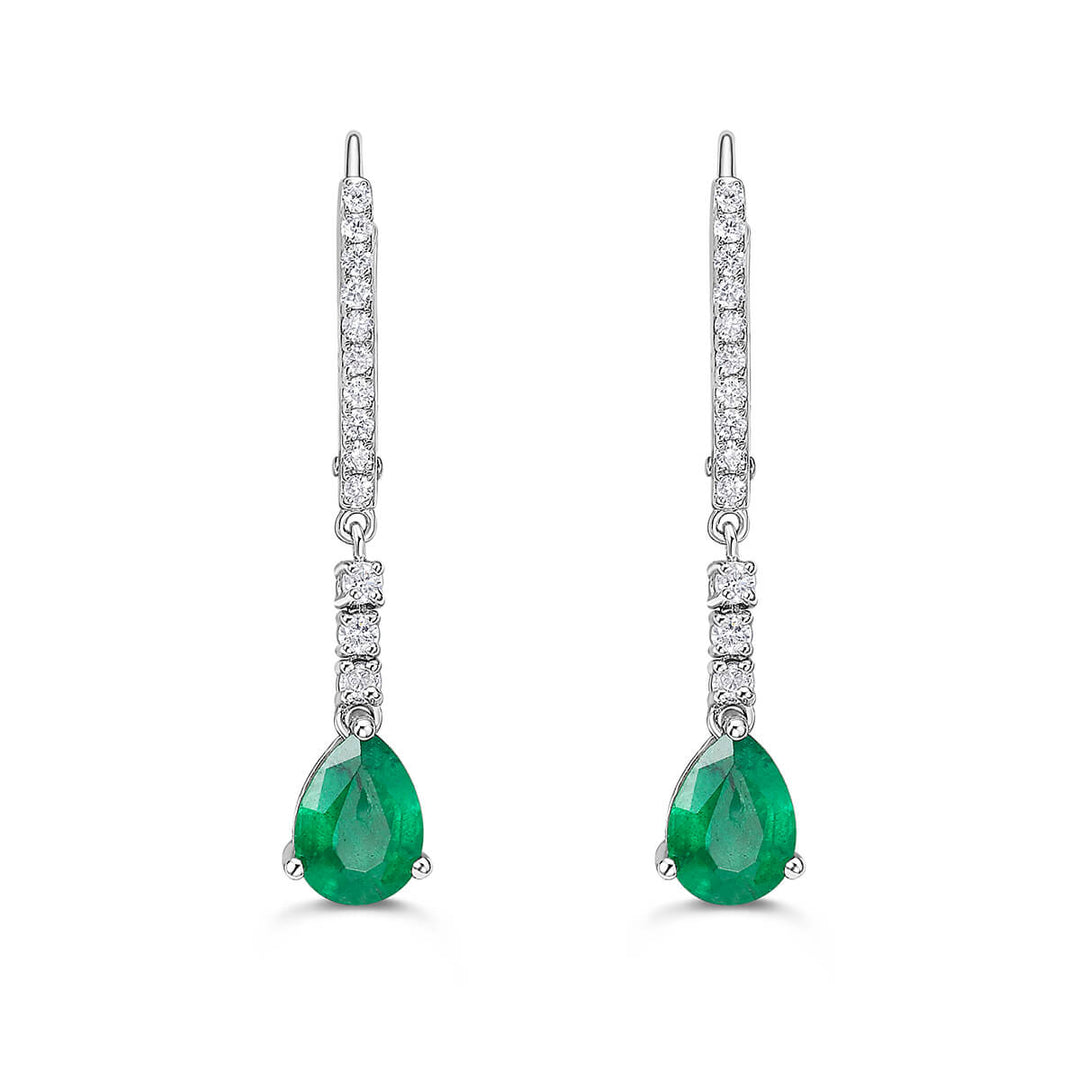 pear shape emerald mini dangling earrings round diamonds in 14k white gold