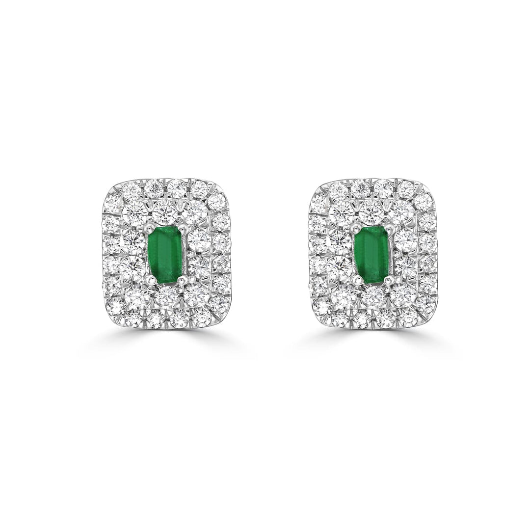 Emerald Baguette and Diamond Double Halo Stud Earrings