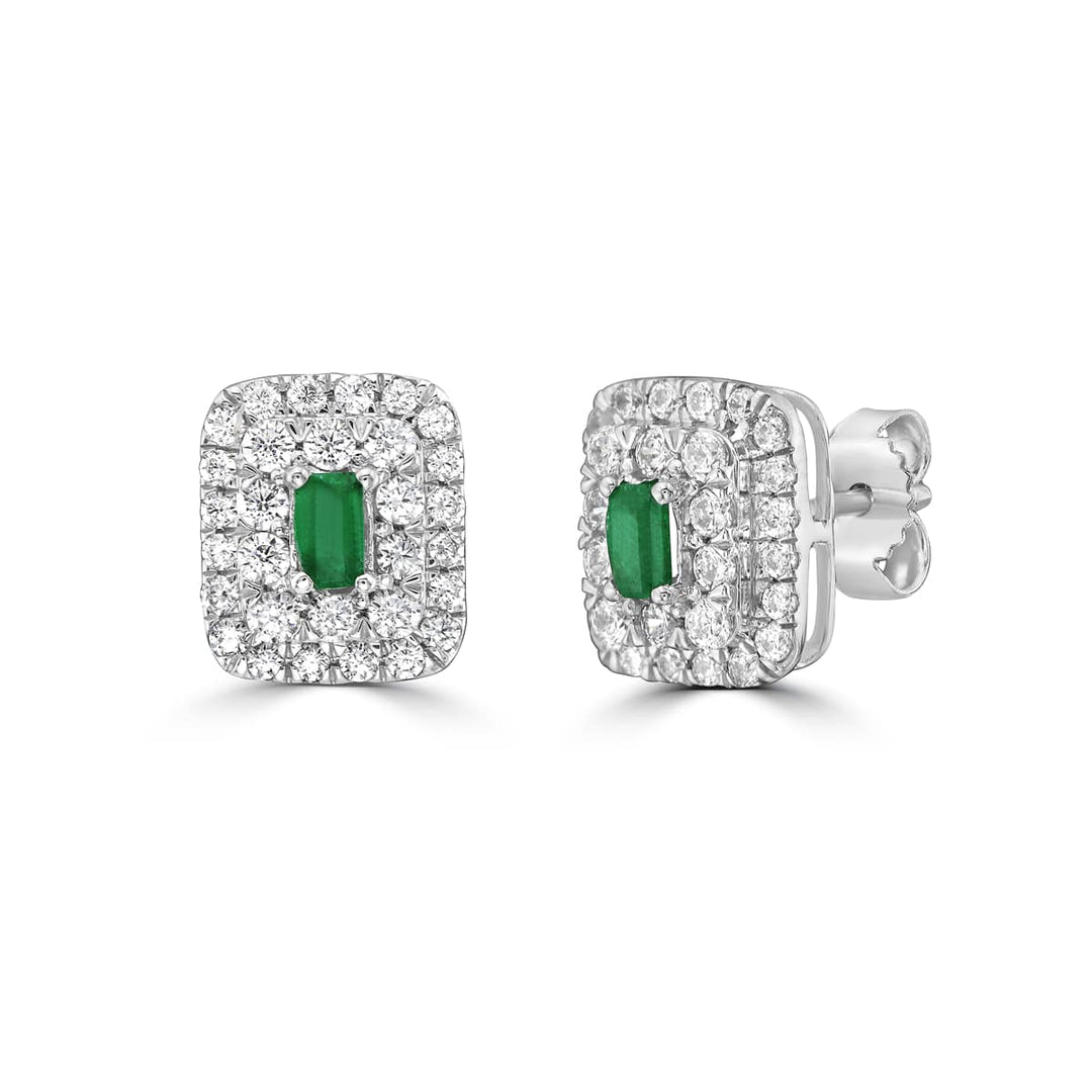 Emerald Baguette and Diamond Double Halo Stud Earrings