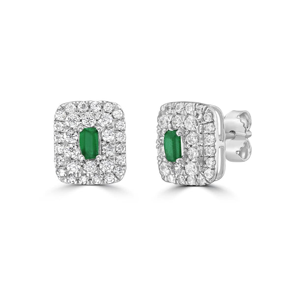 Emerald Baguette and Diamond Double Halo Stud Earrings