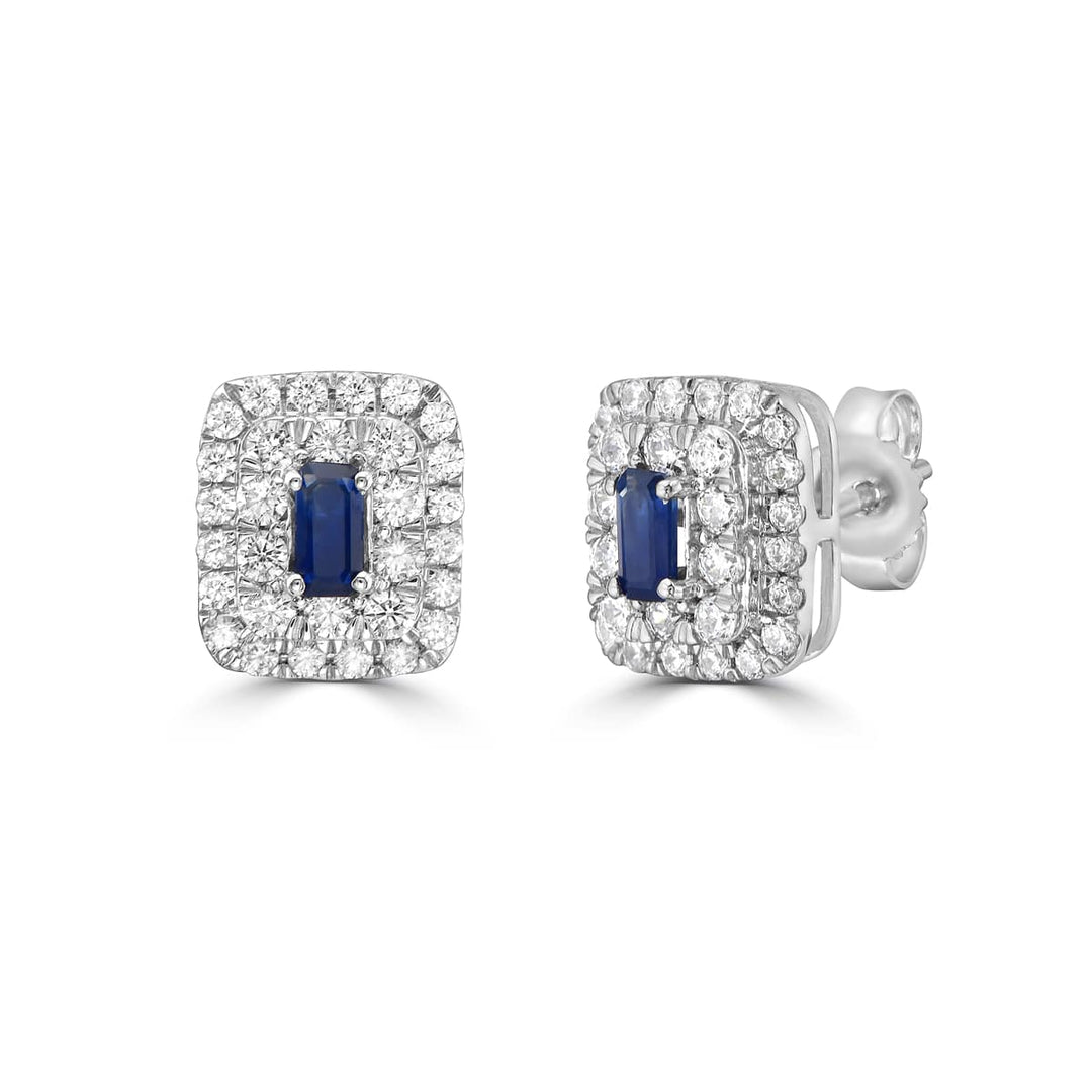 Blue Sapphire Baguette and Diamond Double Halo Stud Earrings