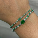 Load image into Gallery viewer, emerald center stone bracelet with alternating round diamonds and emeralds in 14k white gold