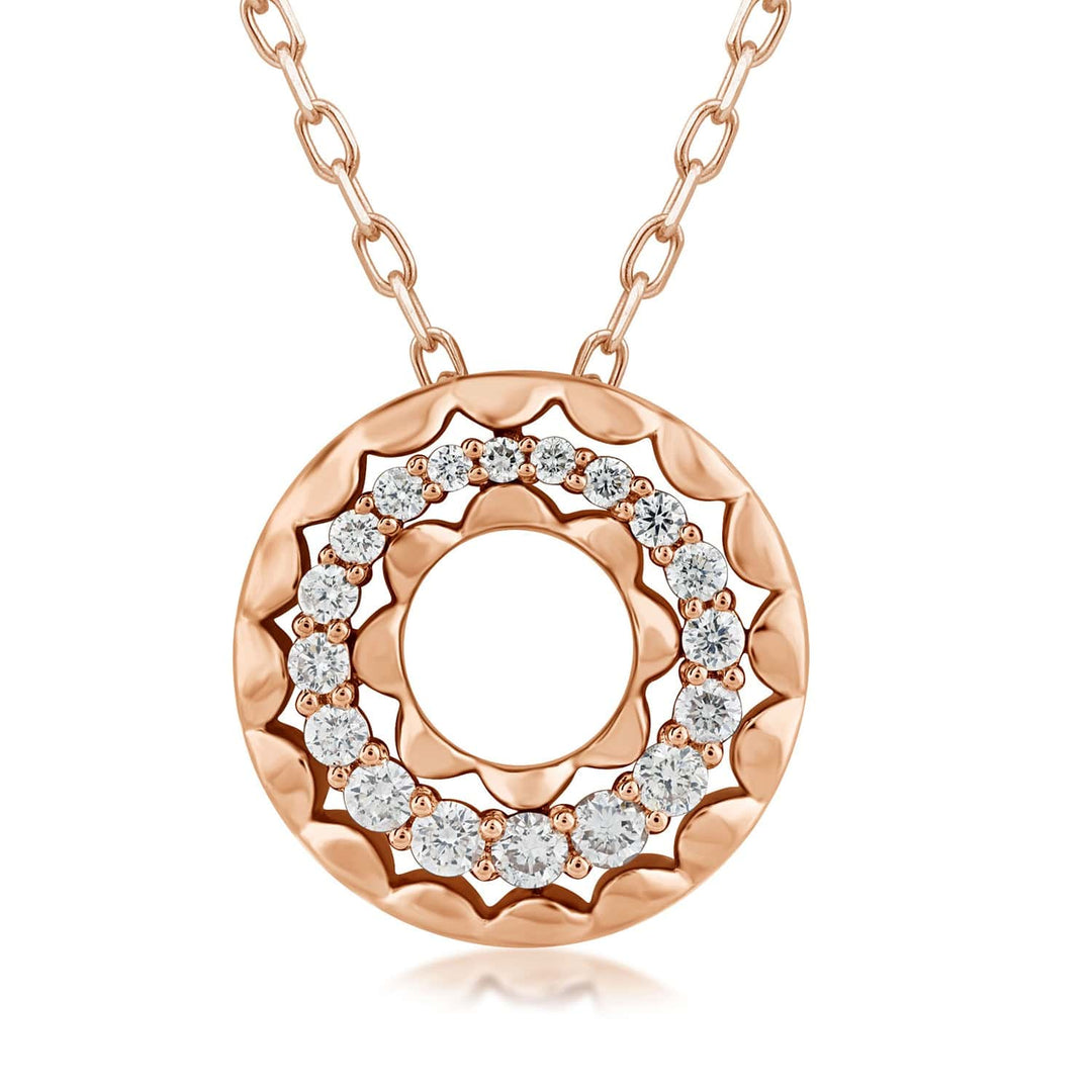 scalloped texture circle pendant with diamonds in 14k rose gold