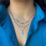 Load image into Gallery viewer, Multi-colored tourmaline gemstone necklace with heart and diamond bezel necklace and hamsa necklace layering necklaces
