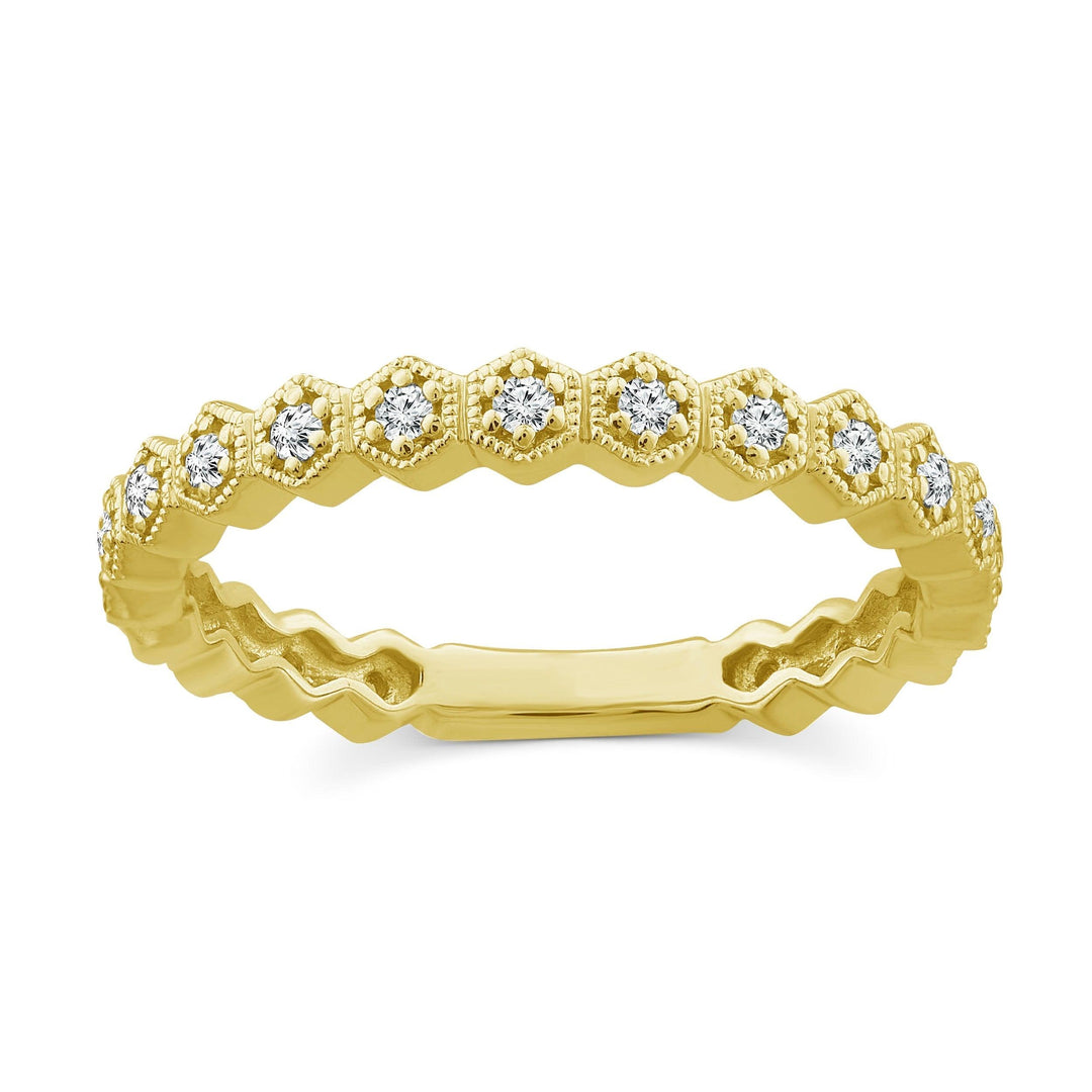 yellow gold diamond band ring in a honeycomb design