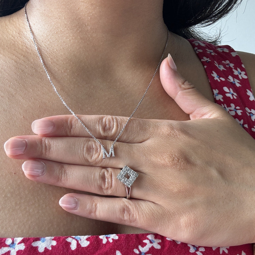 Initial Diamond Pendant and diamond baguette ring in 14k white gold