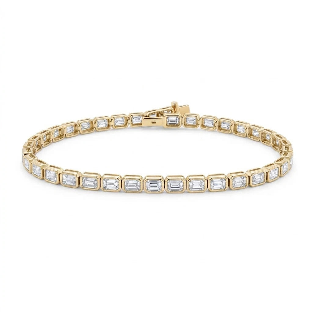 Lab Grown Emerald Diamond Bezel Set Tennis Bracelet in yellow gold