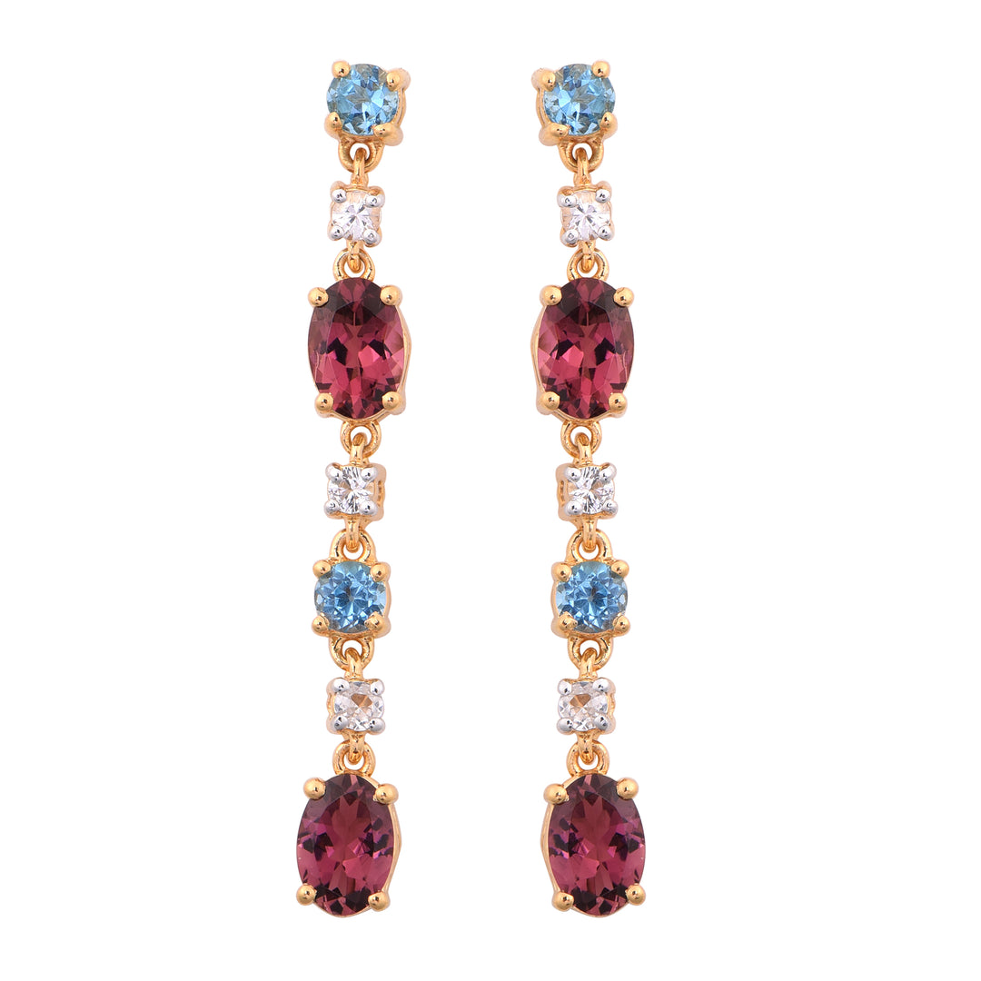dangling earrings with blue topaz, pink tourmaline, white sapphire in 18k vermeil. Round and oval cuts. Gold plated earrings.