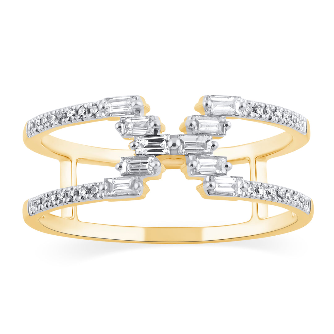 14k yellow gold fashion ring with round and baguette diamonds. unique ring