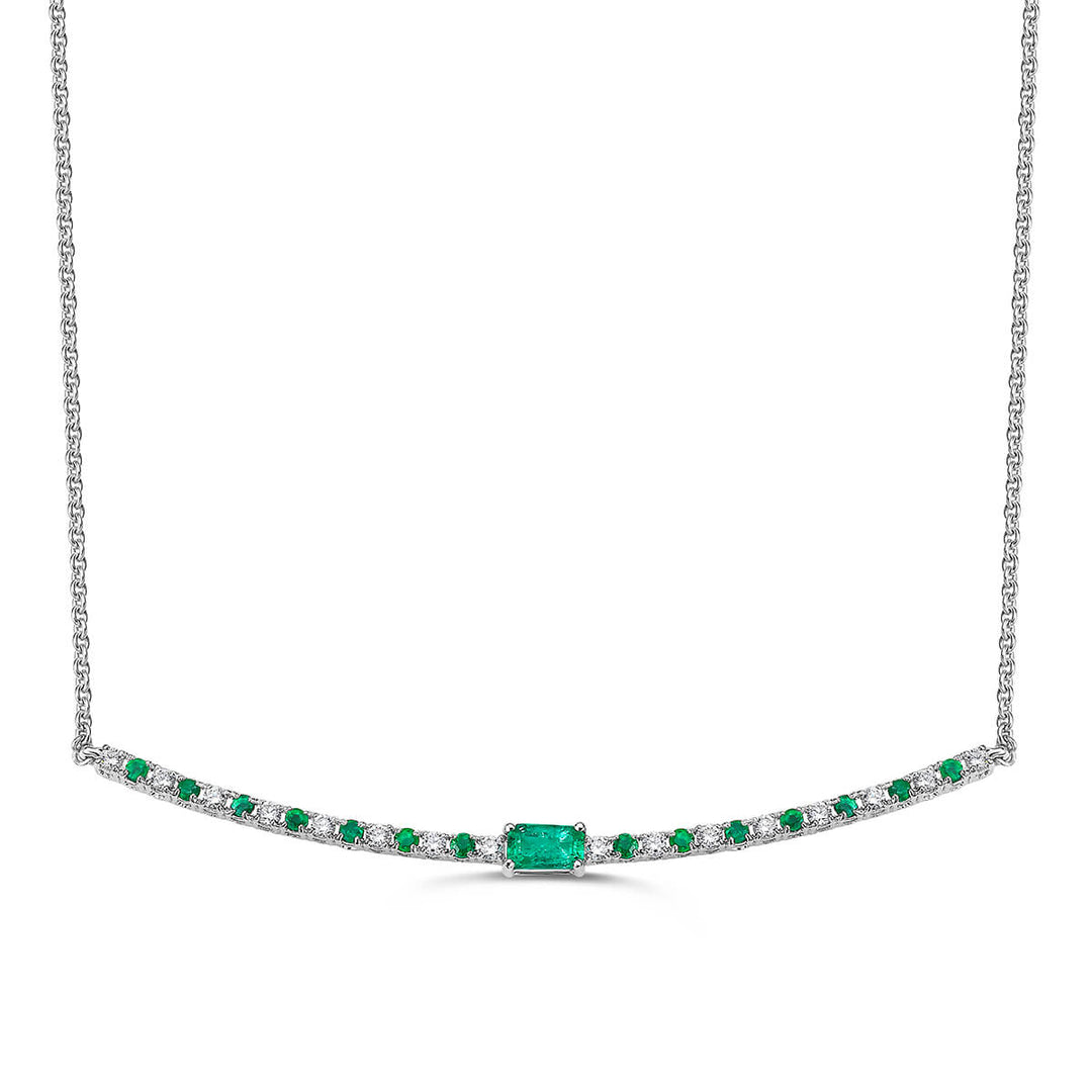emerald center stone necklace with alternating round diamonds and emeralds in 14k white gold