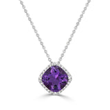 Cushion Cut Amethyst and Diamond Halo Pendant  