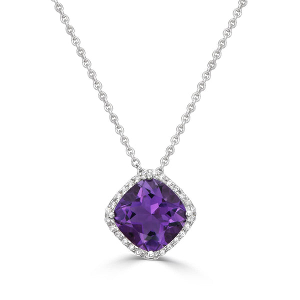 Cushion Cut Amethyst and Diamond Halo Pendant