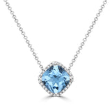 Cushion Cut Blue Topaz Halo Pendant  