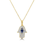 Load image into Gallery viewer, Diamond and Blue Sapphire Hamsa Pendant
