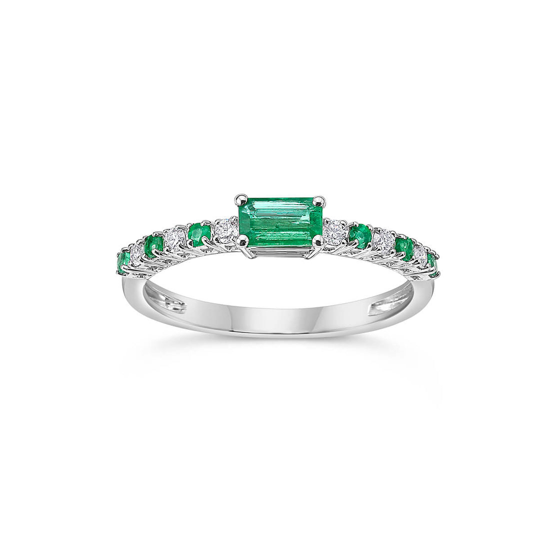emerald center stone ring with alternating round diamonds and emeralds in 14k white gold