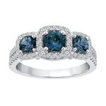 Load image into Gallery viewer, 3 stone blue sapphire ring with diamonds in 14k white gold