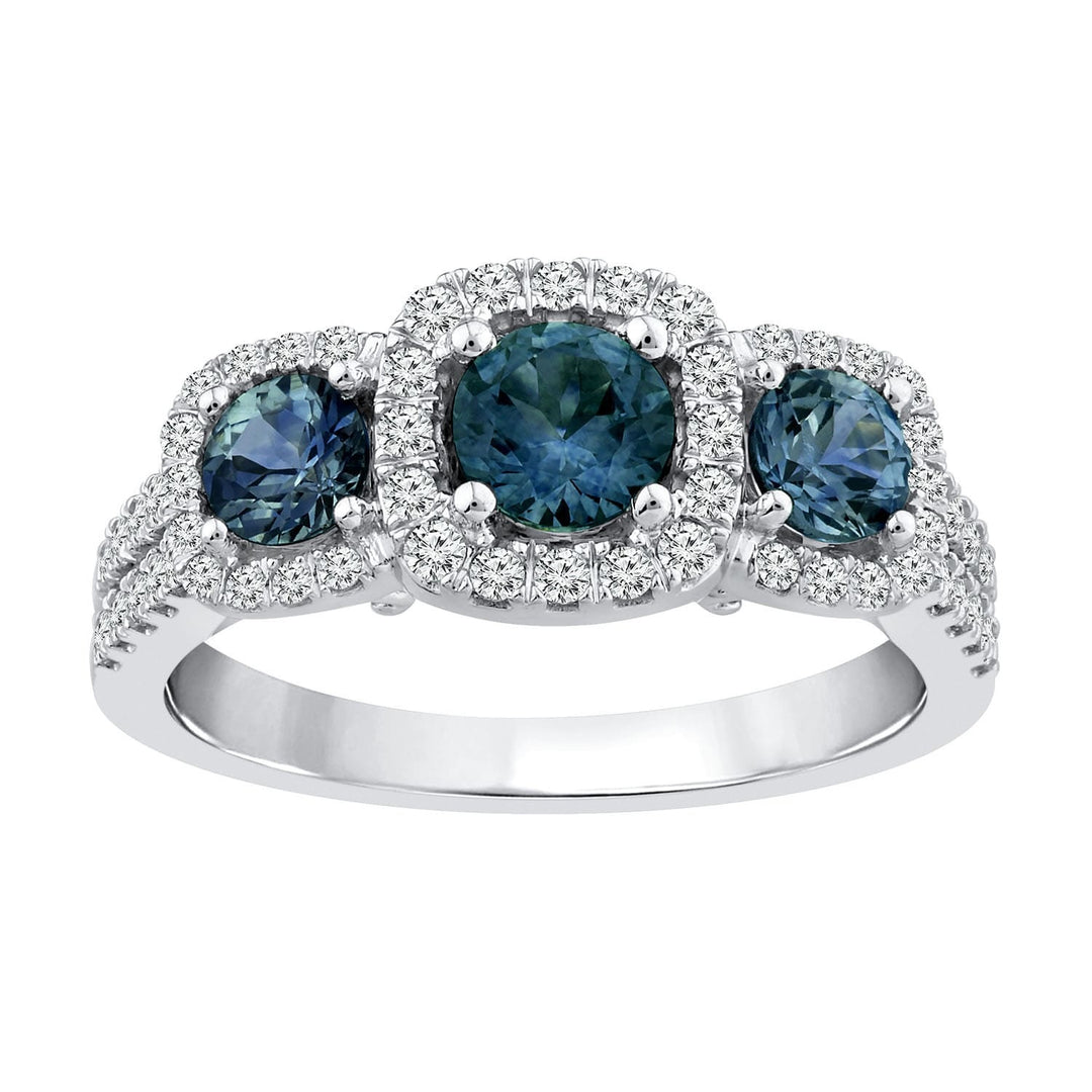 3 stone blue sapphire ring with diamonds in 14k white gold