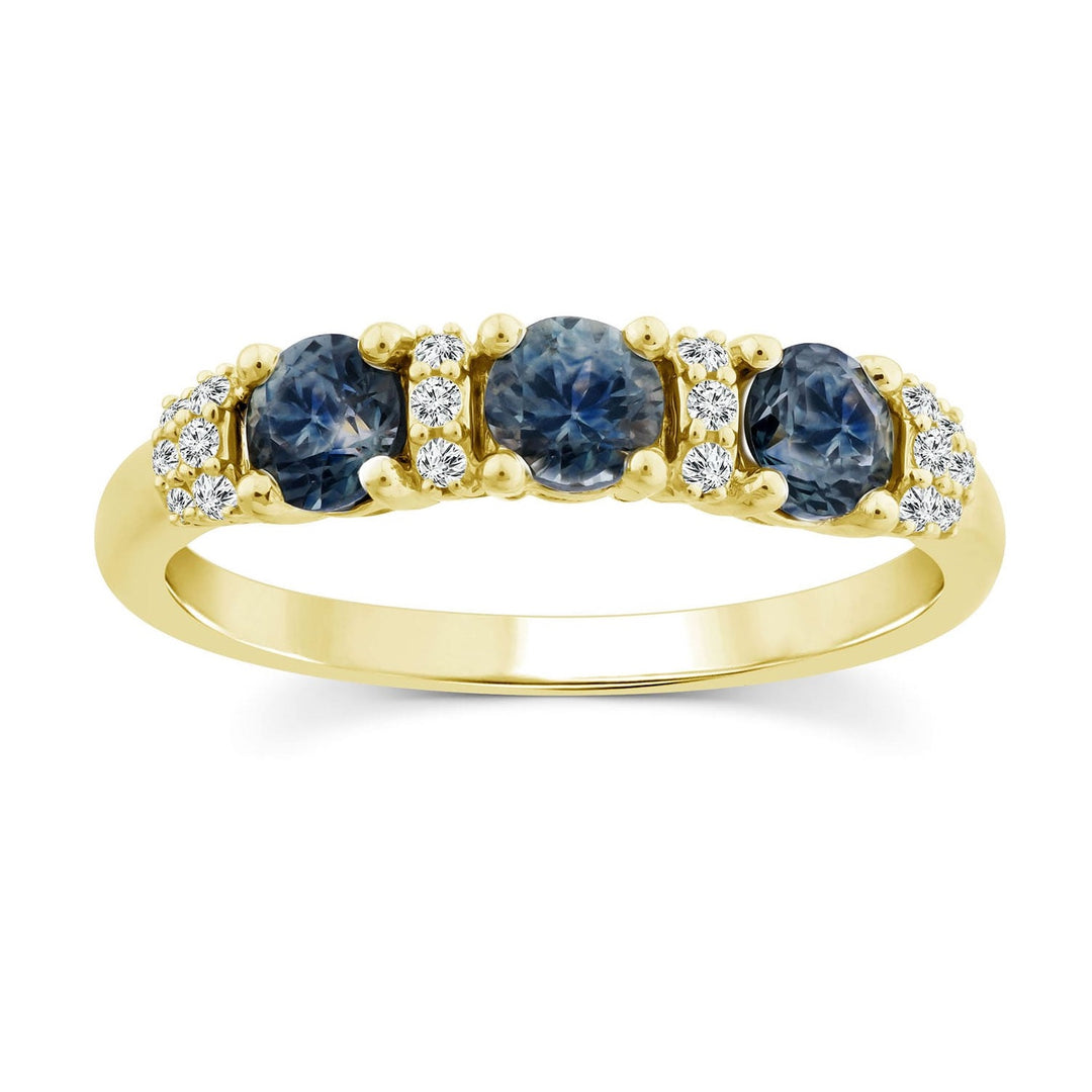 3 Stone Blue Sapphire and Diamond Band Ring in 14k yellow gold