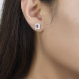 Blue Sapphire Baguette and Diamond Double Halo Stud Earrings  