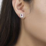 Ruby Baguette and Diamond Double Halo Stud Earrings  