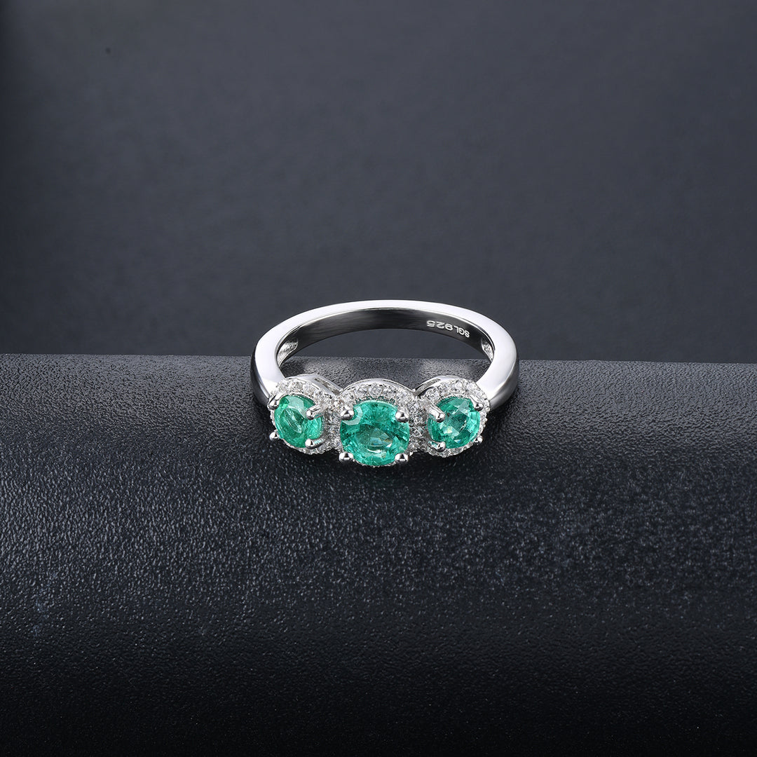 Three Stone Emerald Ring in Sterling Silver with white zircon