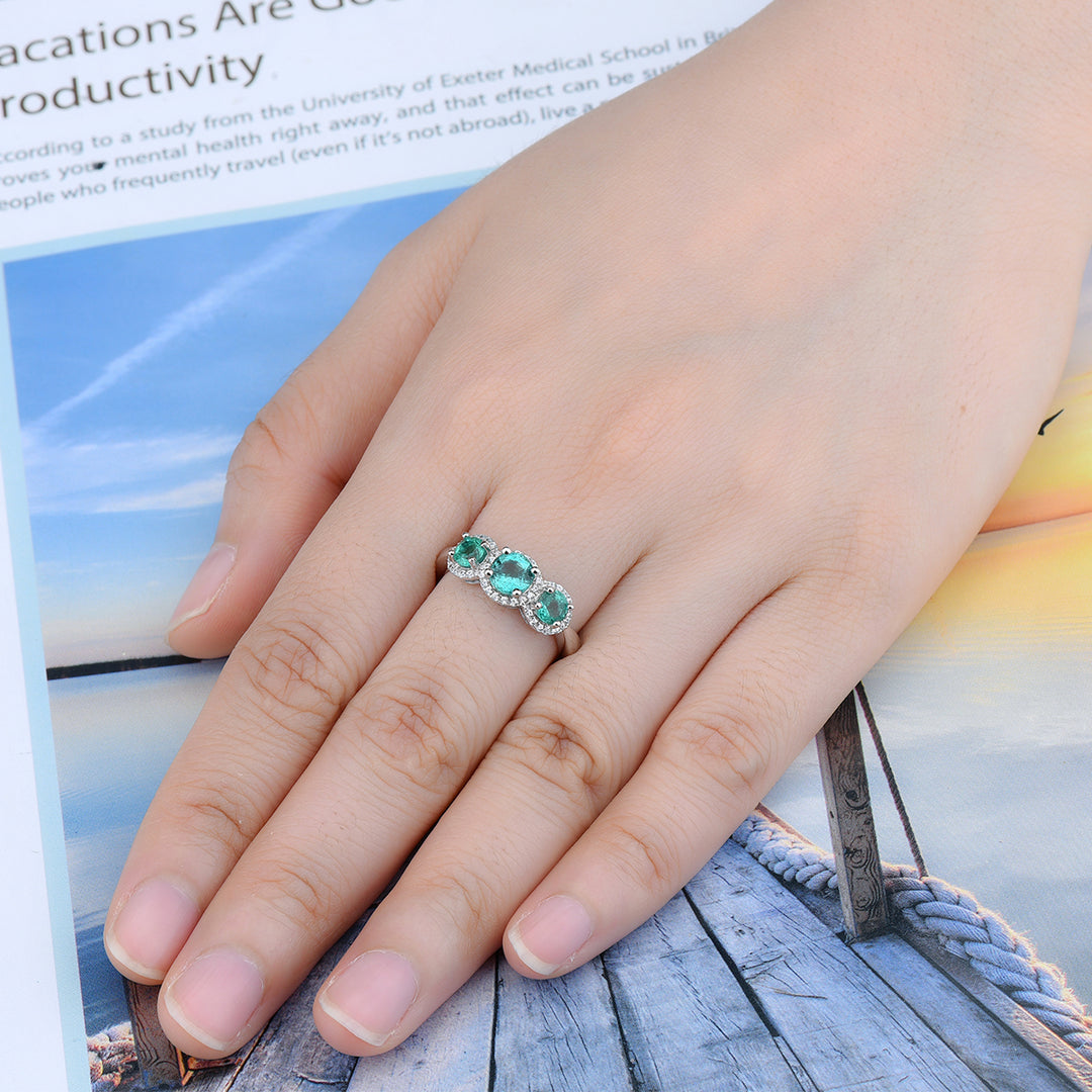 Three Stone Emerald Ring in Sterling Silver with white zircon on model