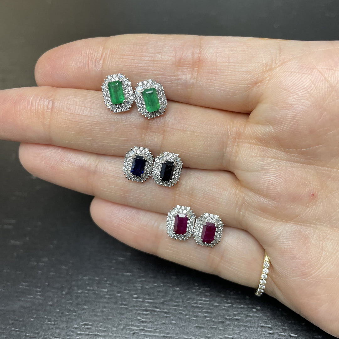 Sapphire ruby emerald and Diamond Double Halo Stud Earrings