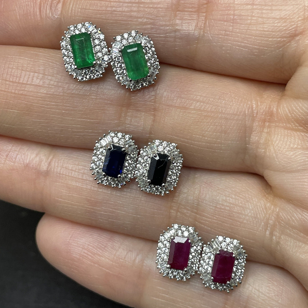 Sapphire ruby emerald and Diamond Double Halo Stud Earrings