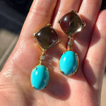 Load image into Gallery viewer, Statement Earrings Smoky Quartz and Turquoise Earrings in Yellow Sterling Silver 
