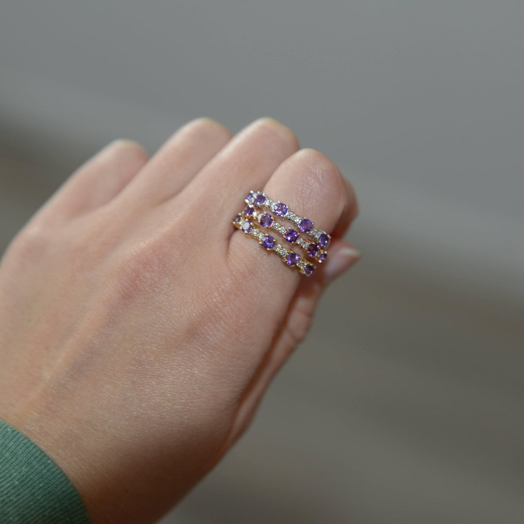 stackable Amethyst and Diamond Band Rings in yellow gold, white gold, and rose gold