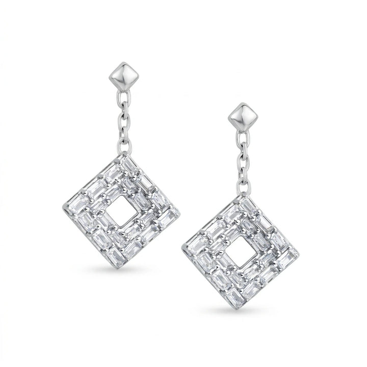 baguette diamond dangling earrings with chain links in white gold 