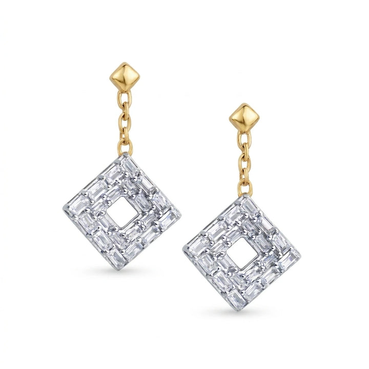 baguette diamond dangling earrings with chain links in yellow gold 