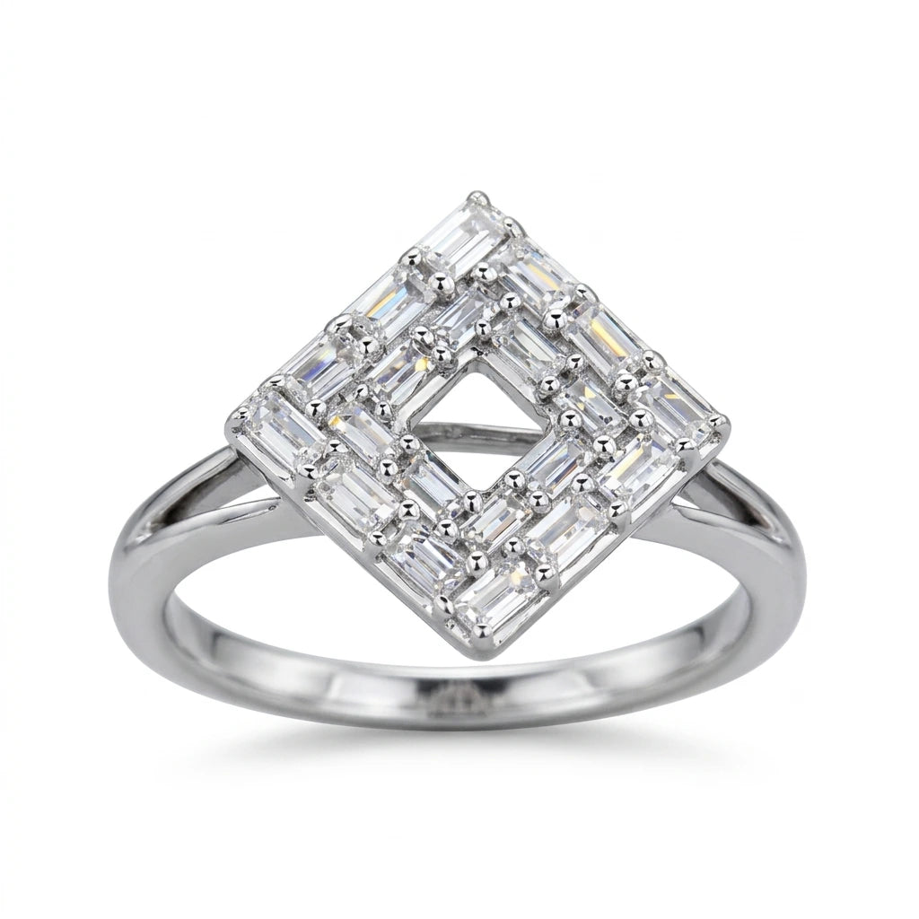 white gold diamond cocktail ring with baguettes