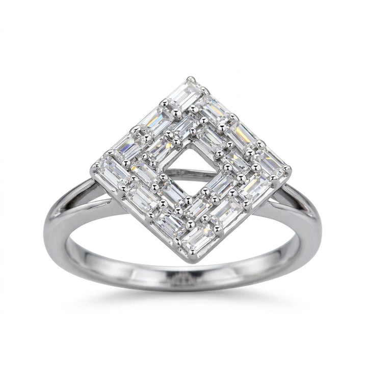 white gold diamond cocktail ring with baguettes