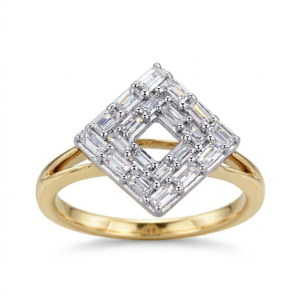 yellow gold diamond cocktail ring with baguettes