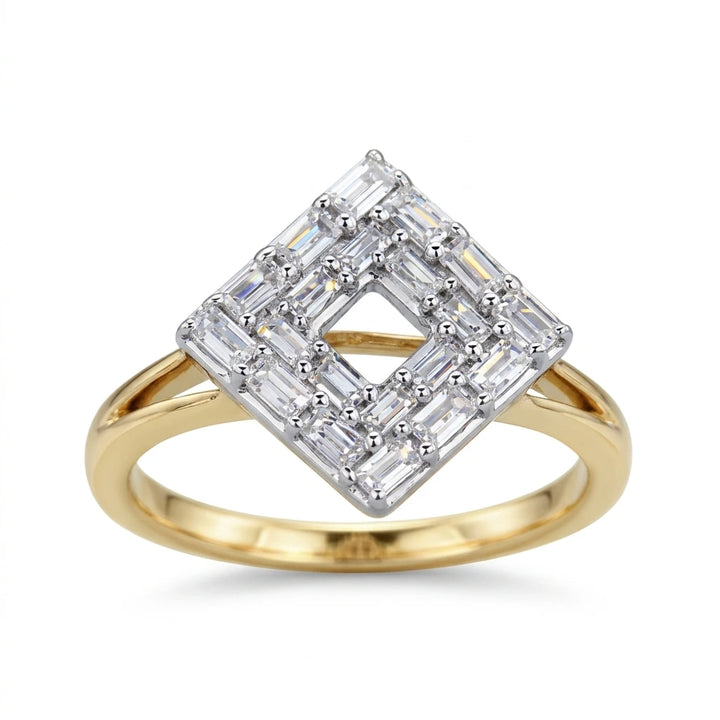 yellow gold diamond cocktail ring with baguettes