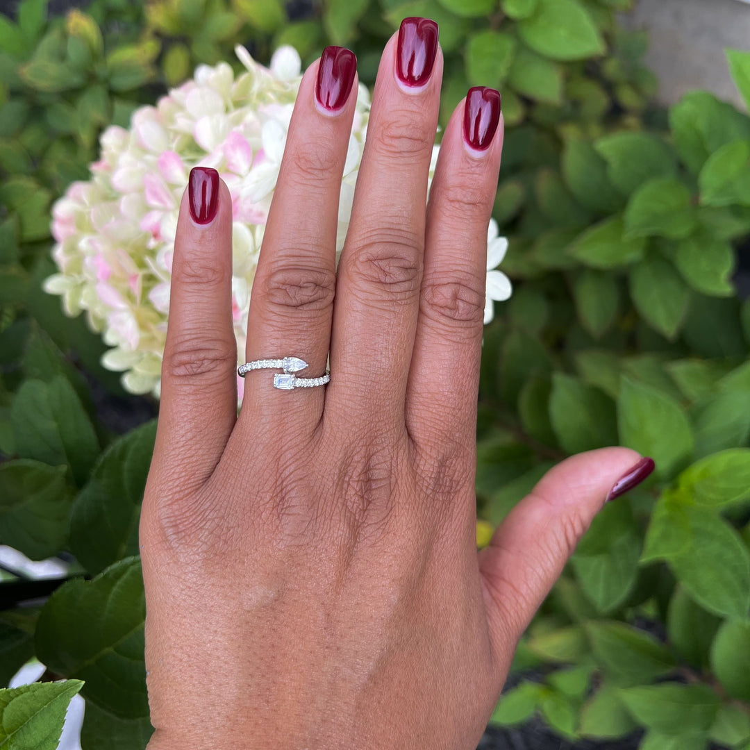 Toi Et Moi Emerald and Pear Diamond Ring in 14k white gold on model
