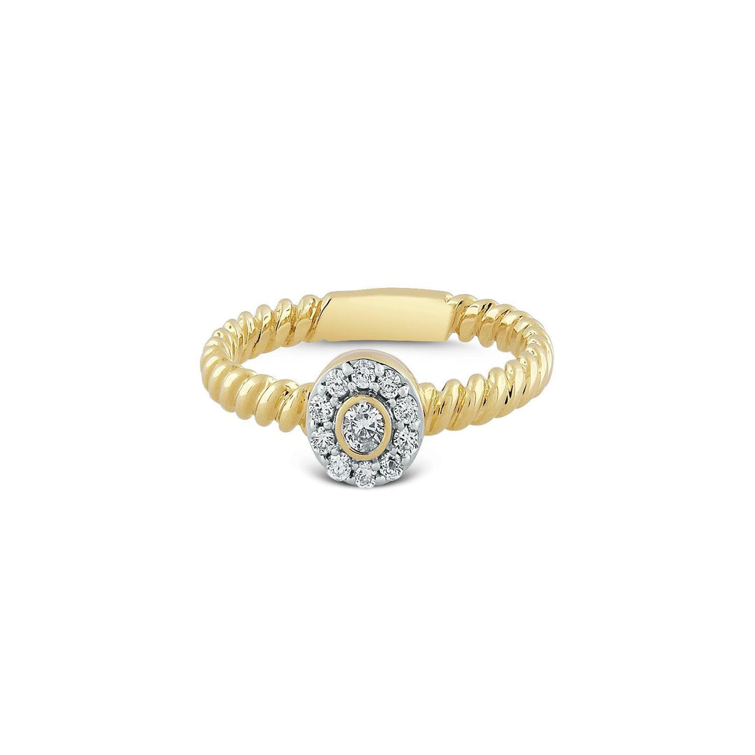 diamond ring with diamond halo in a rope design yellow gold setting
