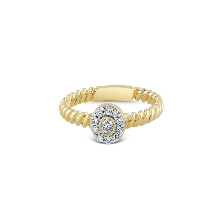 diamond ring with diamond halo in a rope design yellow gold setting