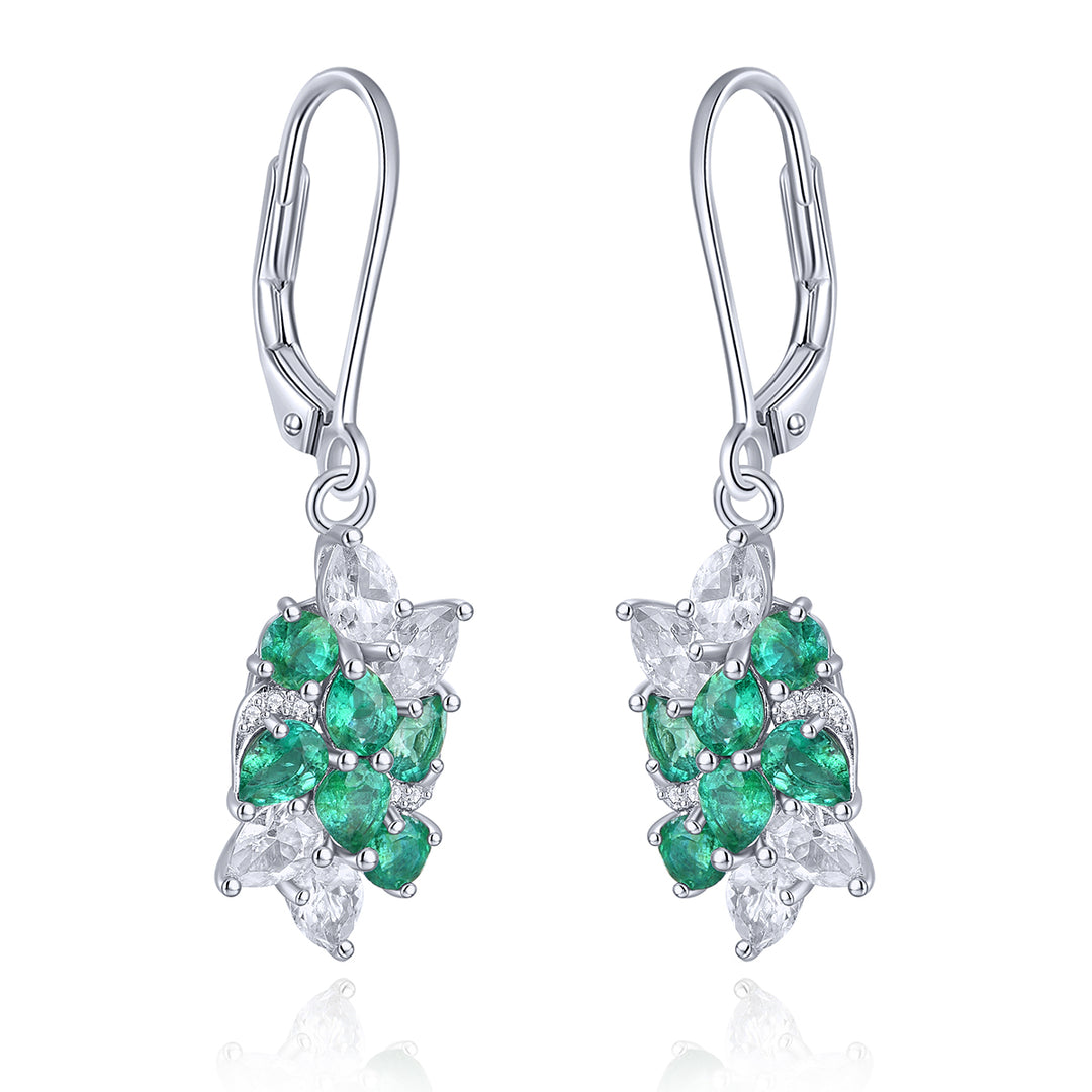 Pear Shape Emerald and White Zircon Dangle Earrings in Sterling Silver 