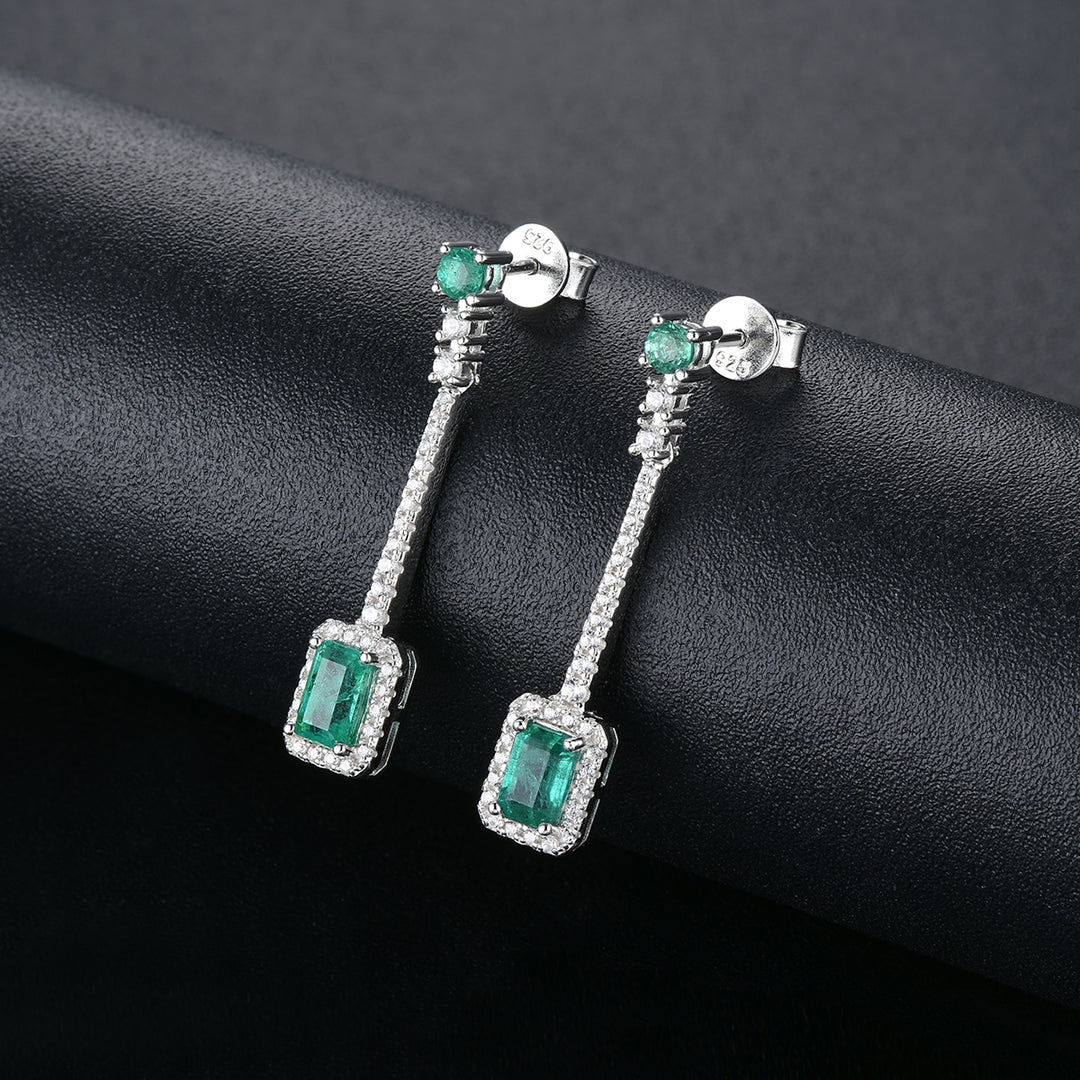 Emerald and White Zircon Drop Earrings in Sterling Silver