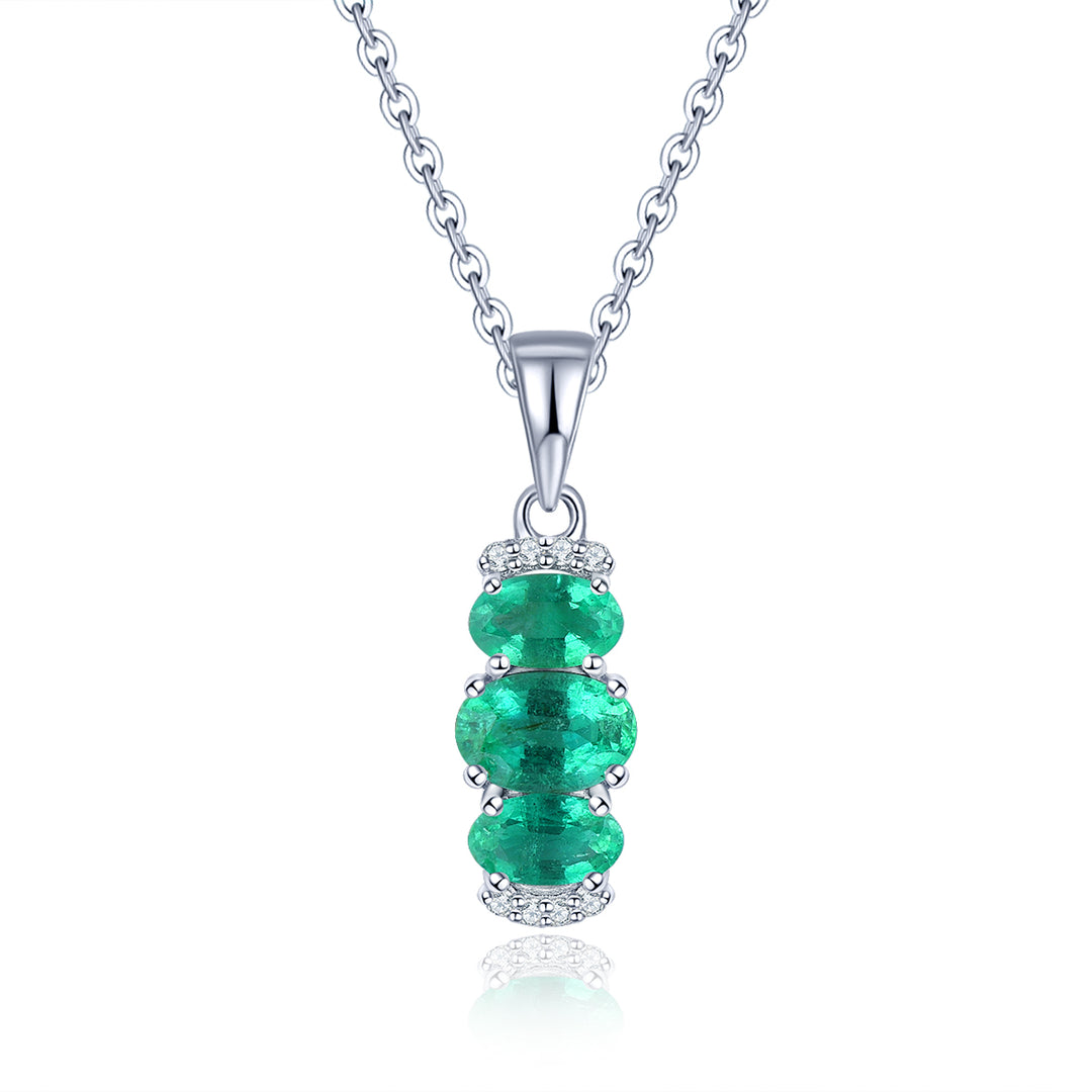 Three Stone Oval Emerald Drop Pendant in Sterling Silver
