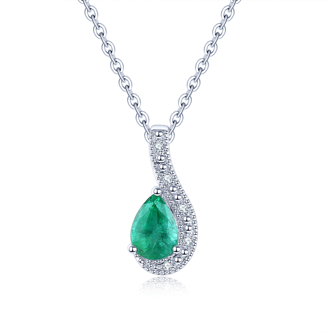 Pear Shape Emerald With White Zircon Pendant in Sterling Silver