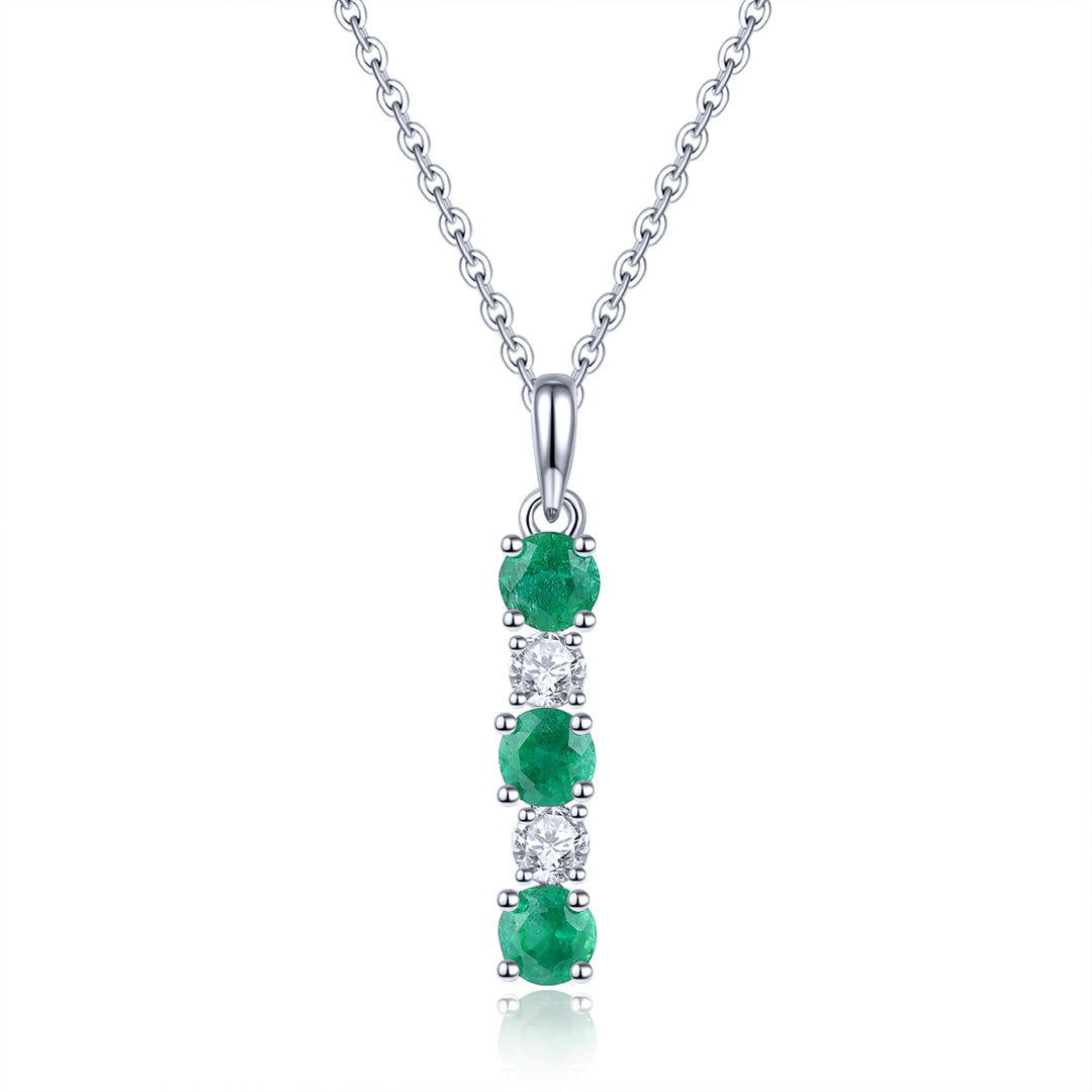 Round Emerald With White Zircon Drop Pendant in Sterling Silver
