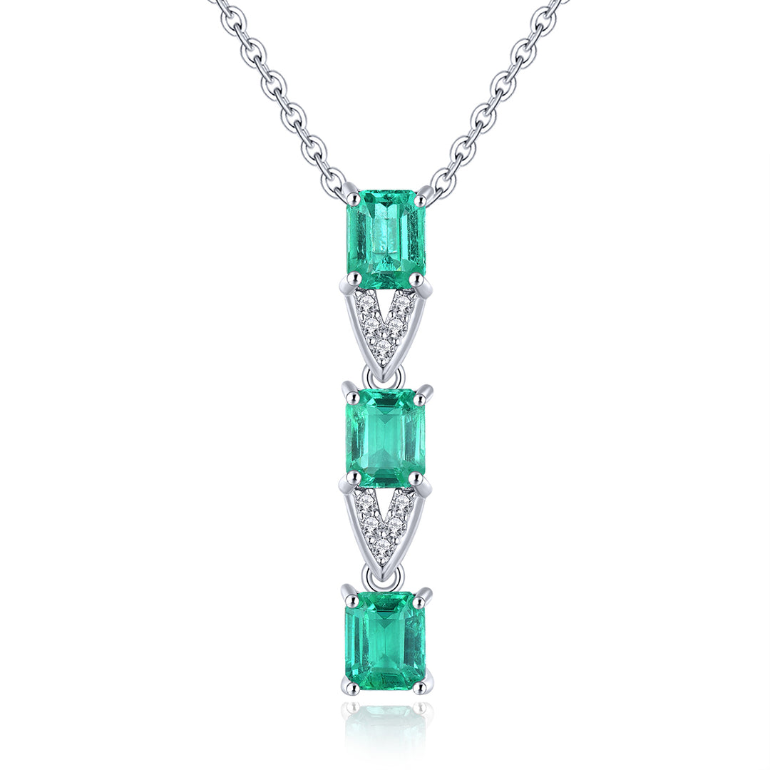 Three Stone Emerald and White Zircon Drop Pendant in Sterling Silver