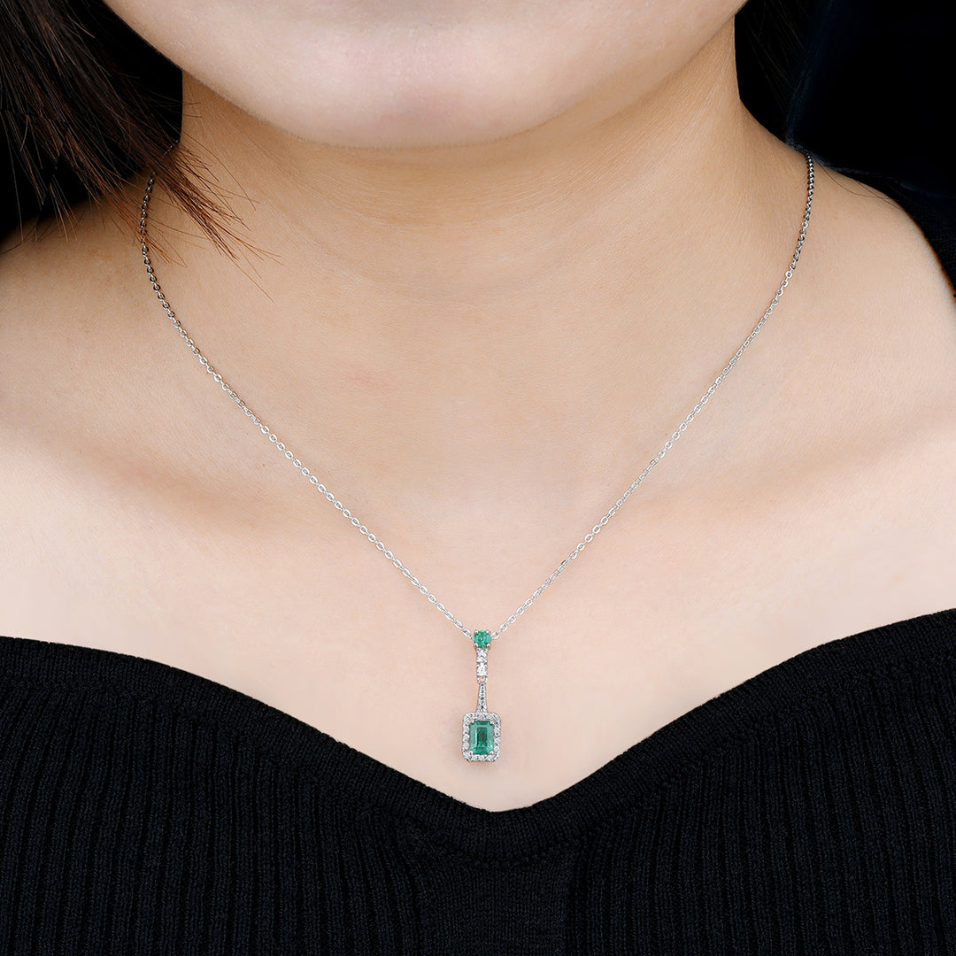 Emerald and White Zircon Drop Pendant in Sterling Silver on model