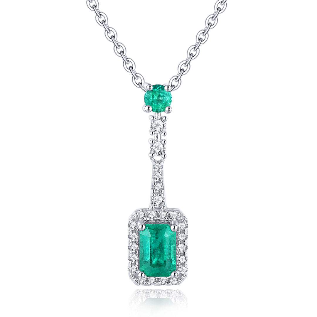 Emerald and White Zircon Drop Pendant in Sterling Silver
