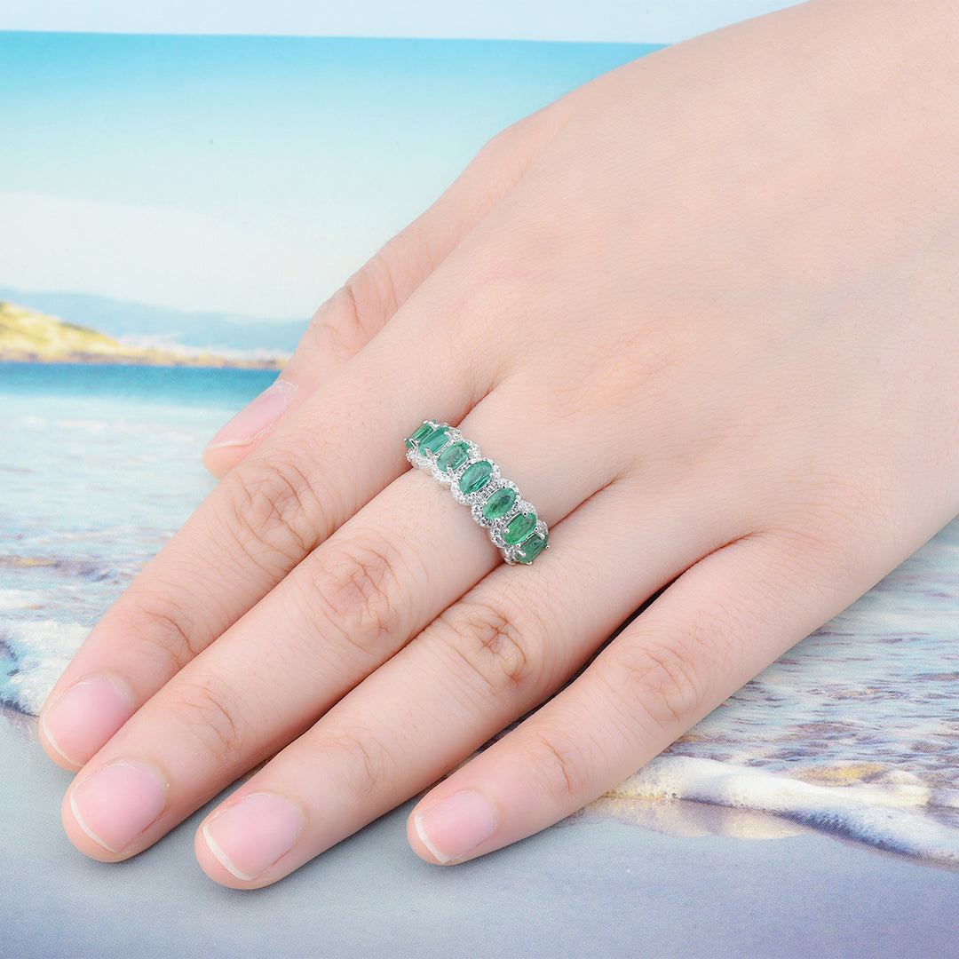 7 Stone Emerald Half Eternity Ring in Sterling Silver on model