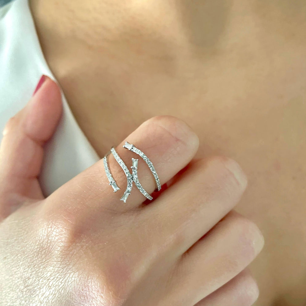 diamond fashion ring with round and baguette diamonds in white gold on model